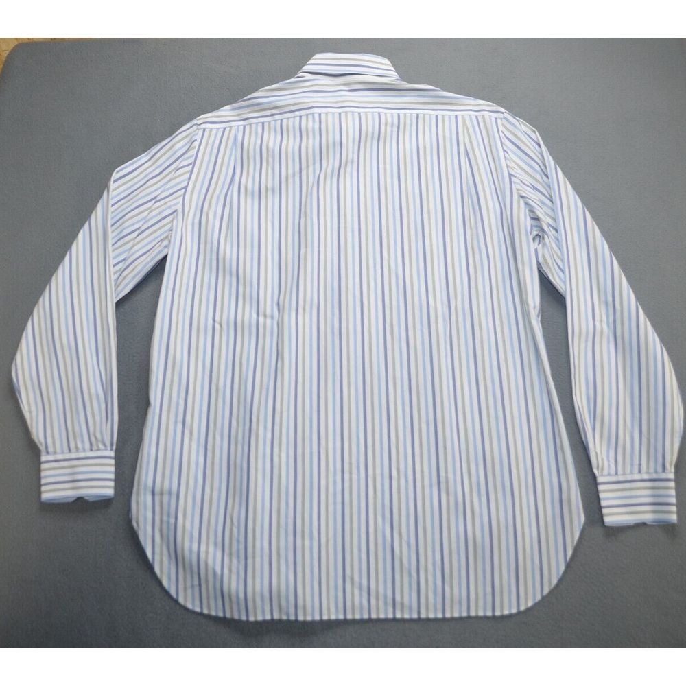 Kiton Men's Button-Down Dress Shirt in White with Blue and Yellow Stripes - Picture 4 of 11
